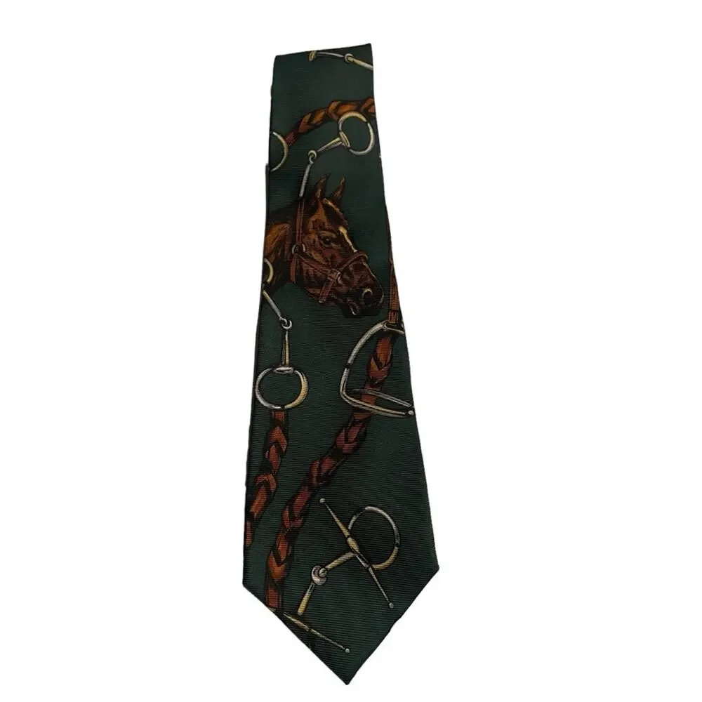 Polo Ralph Lauren Equestrian Horses Tonal Green Red Blue Ivory Silk Necktie USA